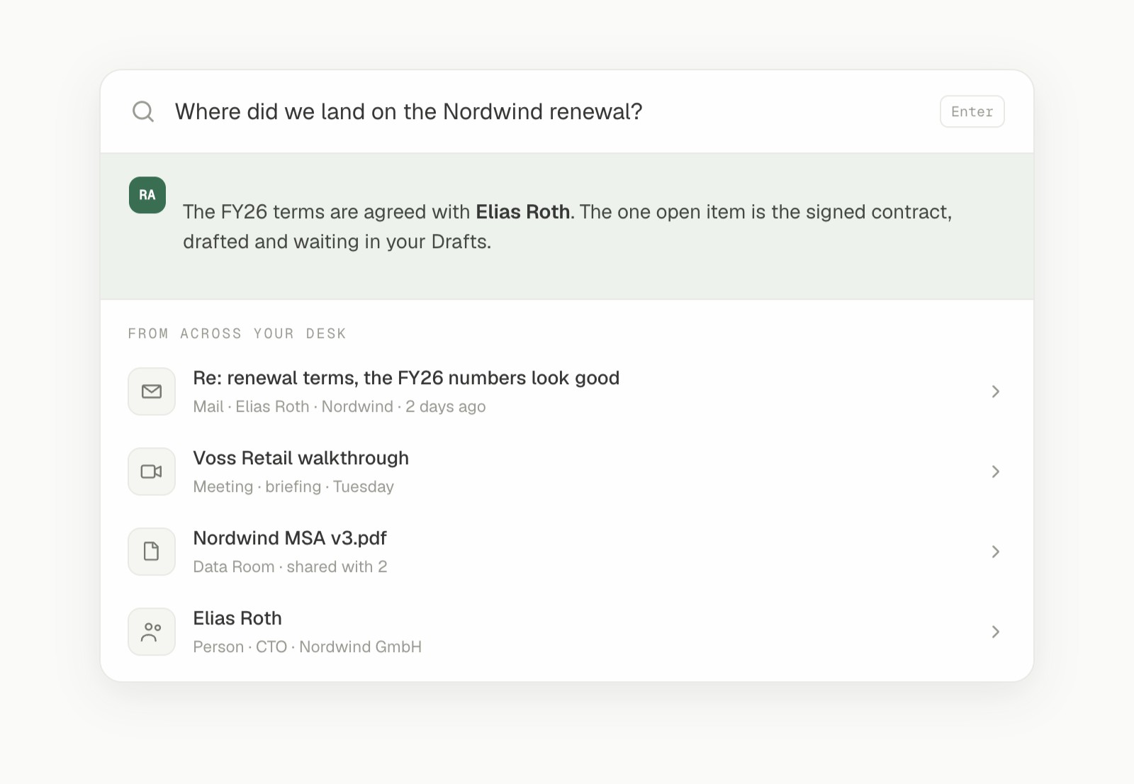 Ask Random Assistant in plain language and it answers from your real work, here a deal comparison built as a table you can open.