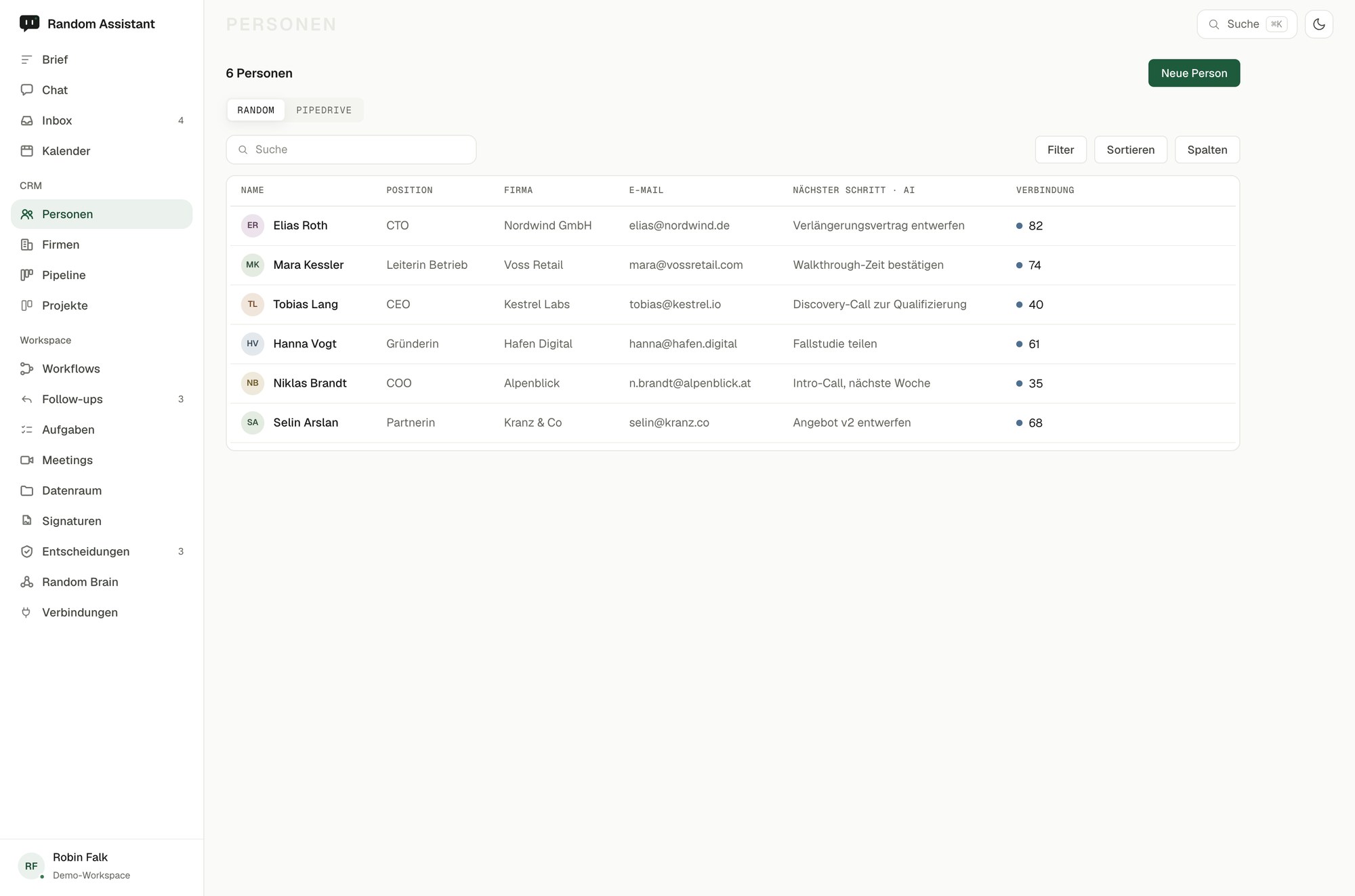 Die Random-Assistant-Oberfläche CRM.