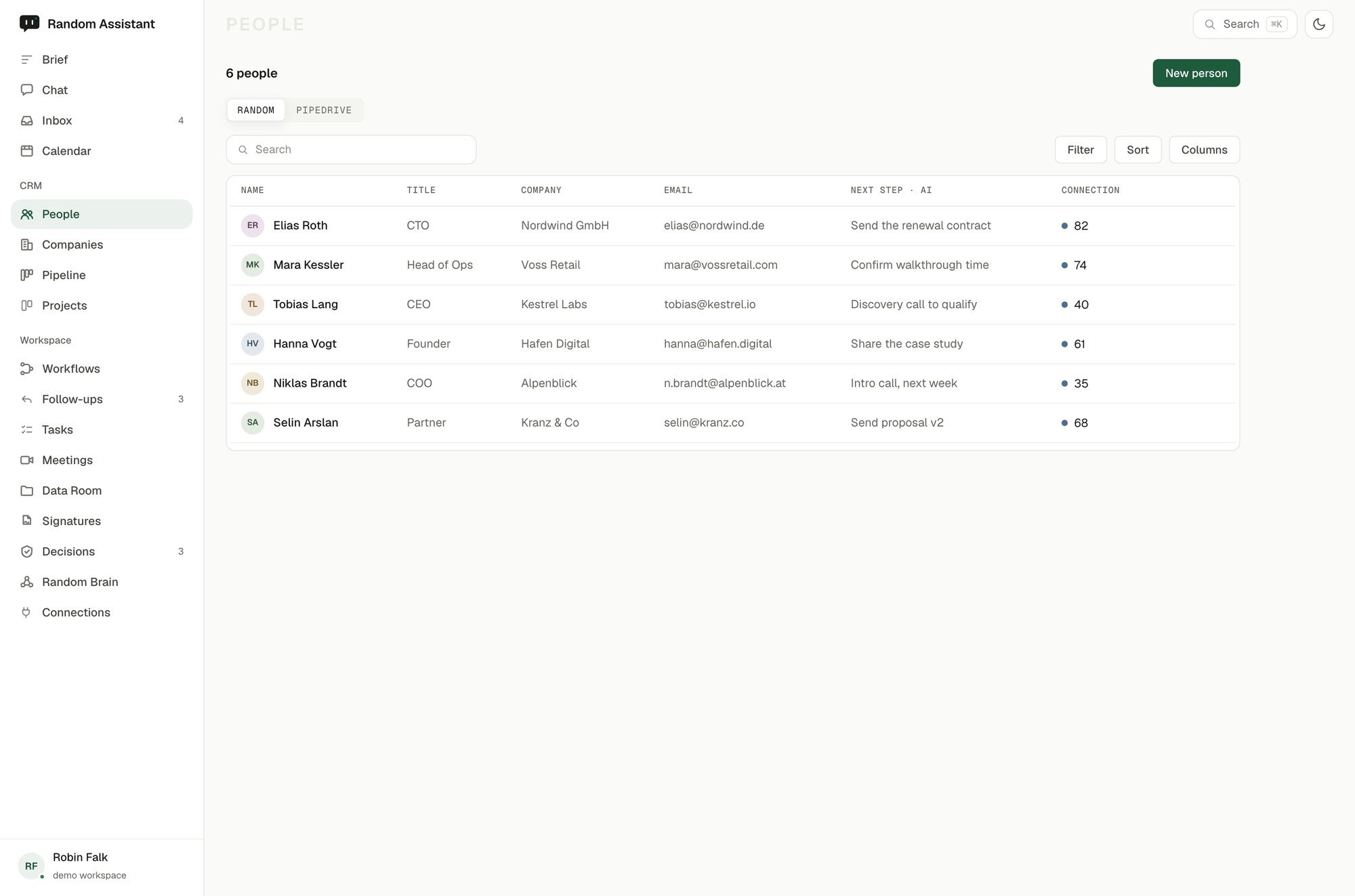 The Random Assistant CRM surface.