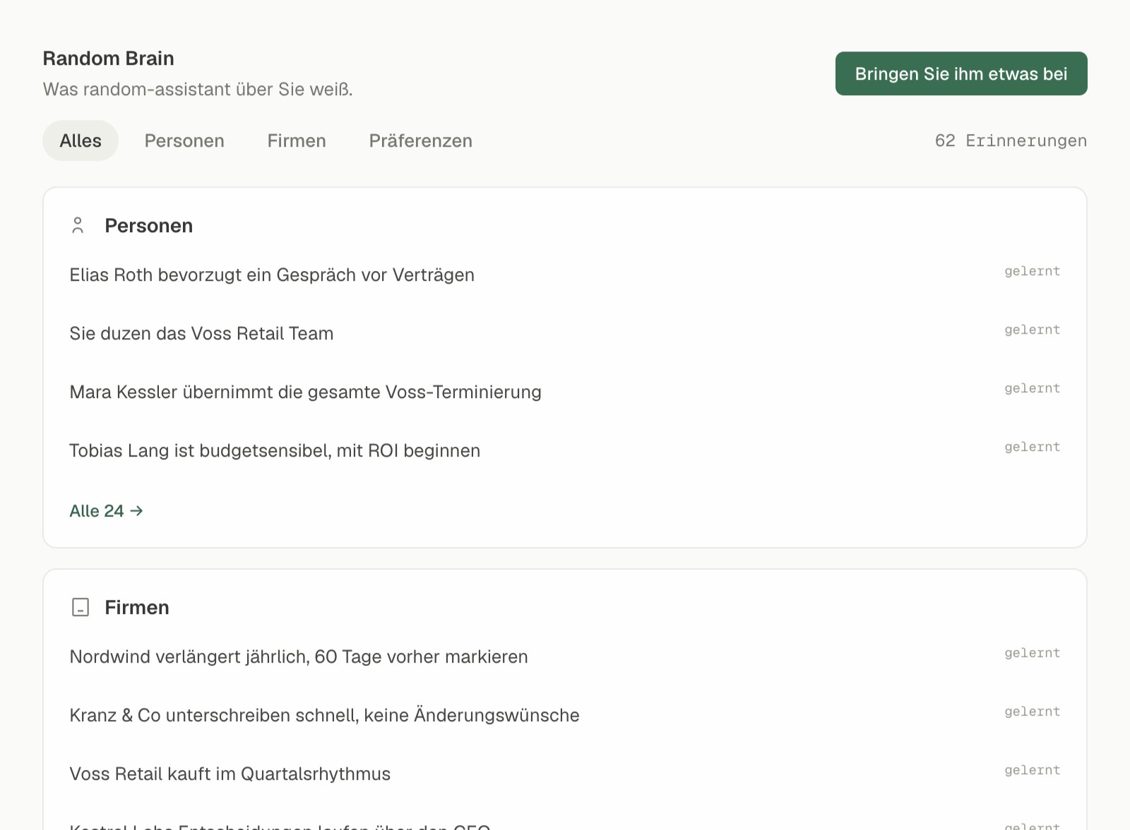 Random Brain, das Gedächtnis des Assistenten für Ihre Personen, Firmen und Ihre Arbeitsweise, alles für Sie zu sehen, zu bearbeiten oder zu vergessen.