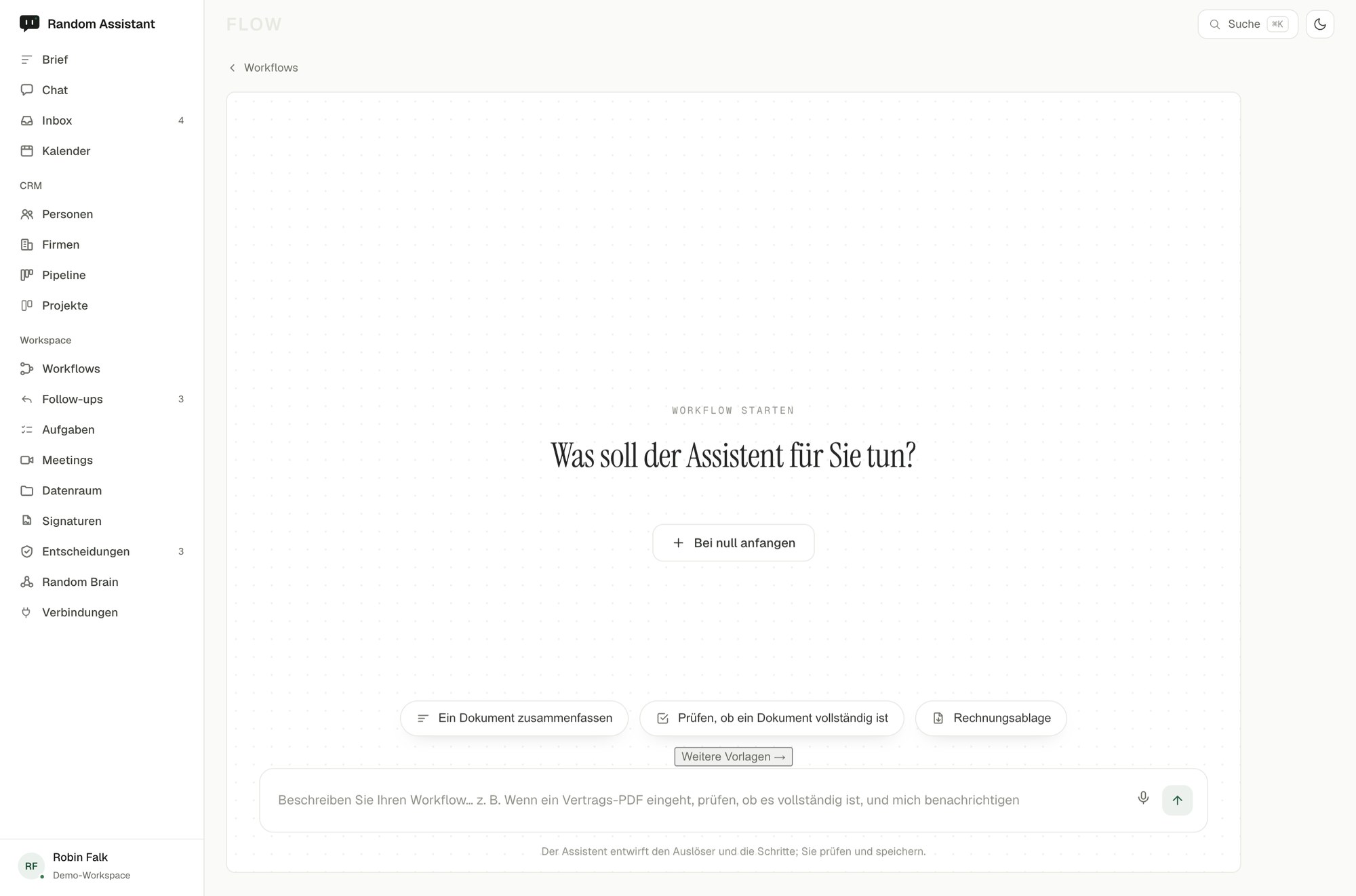 Die Random-Assistant-Oberfläche Workflows.