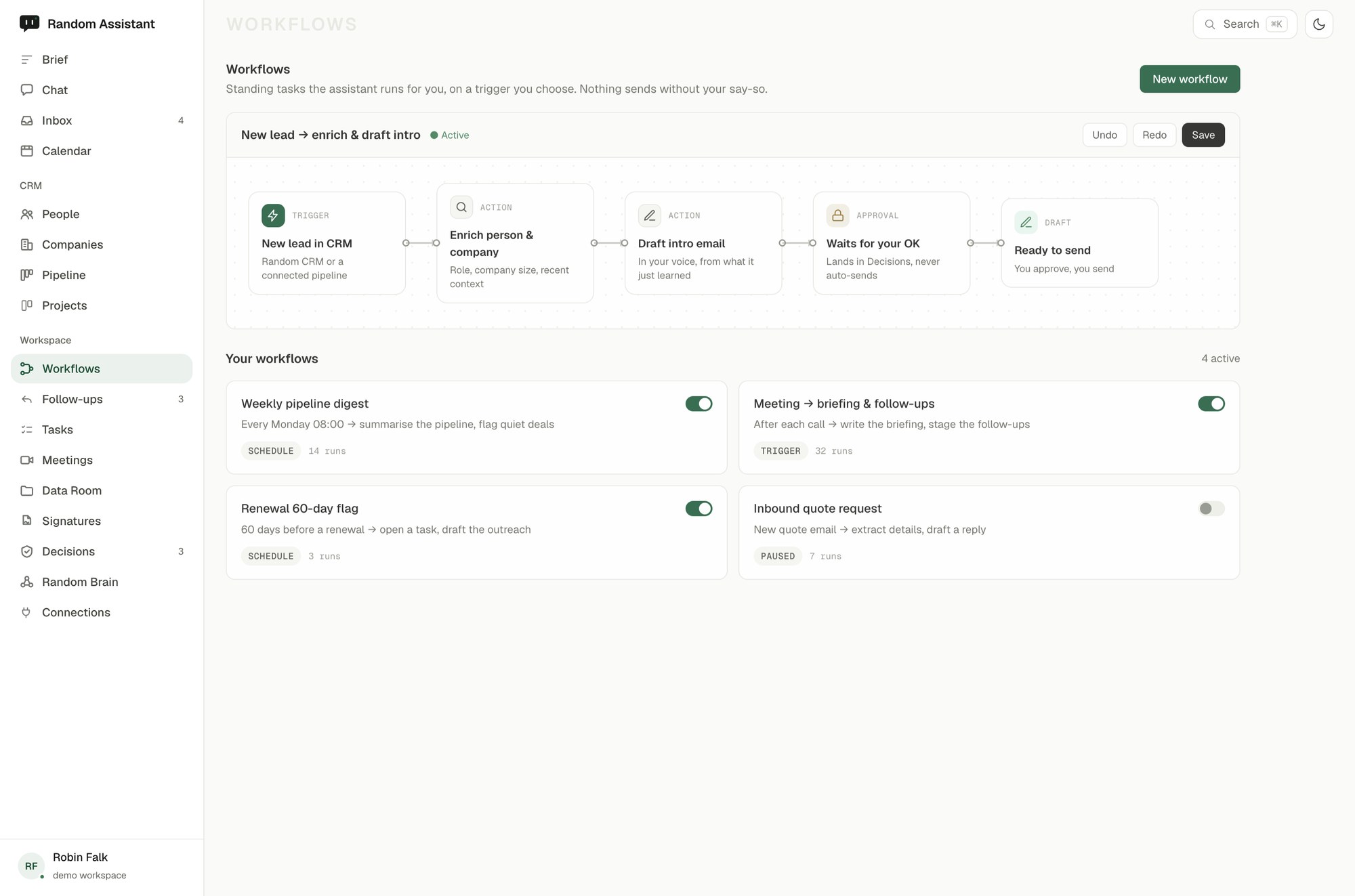 A draft workflow in the flow builder: New lead, enrich and draft intro, with an approval gate before you send.