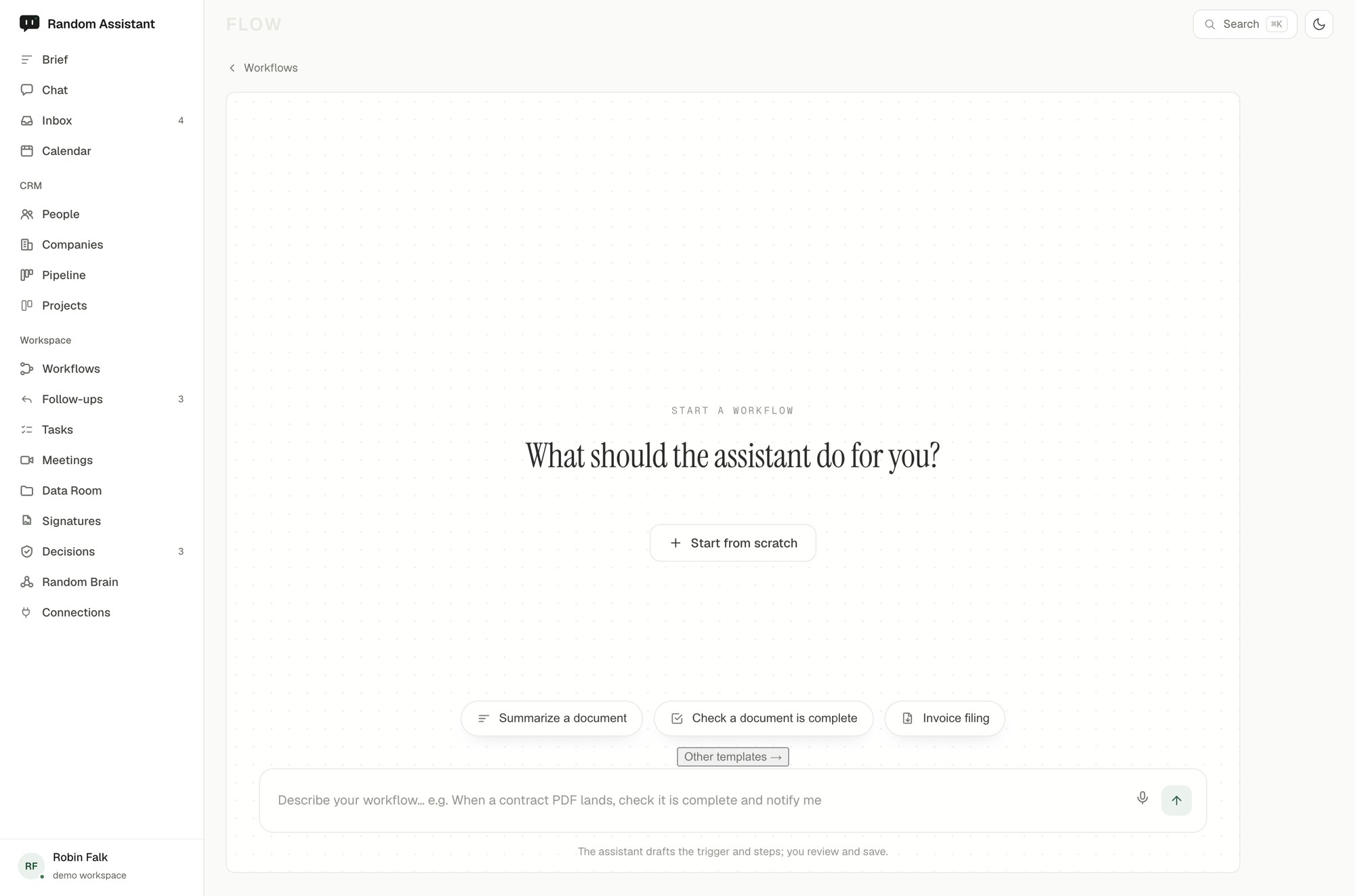 The Random Assistant Workflows surface.